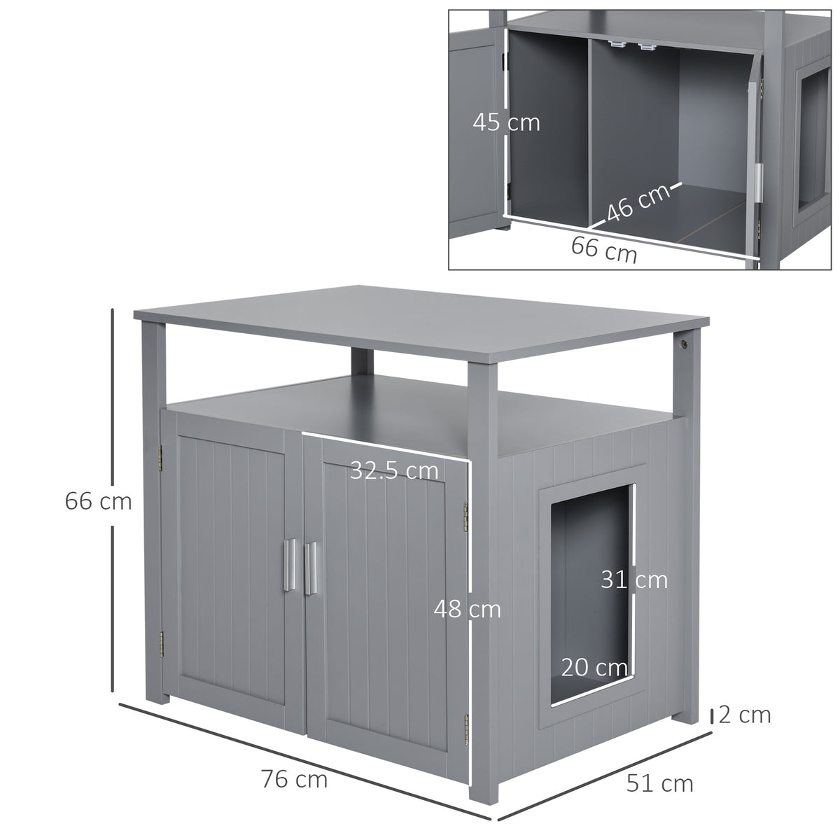 PawHut Wooden Cat Litter Box Enclosure Furniture with Adjustable Interior Wall & Large Tabletop for Nightstand, Grey PawHut