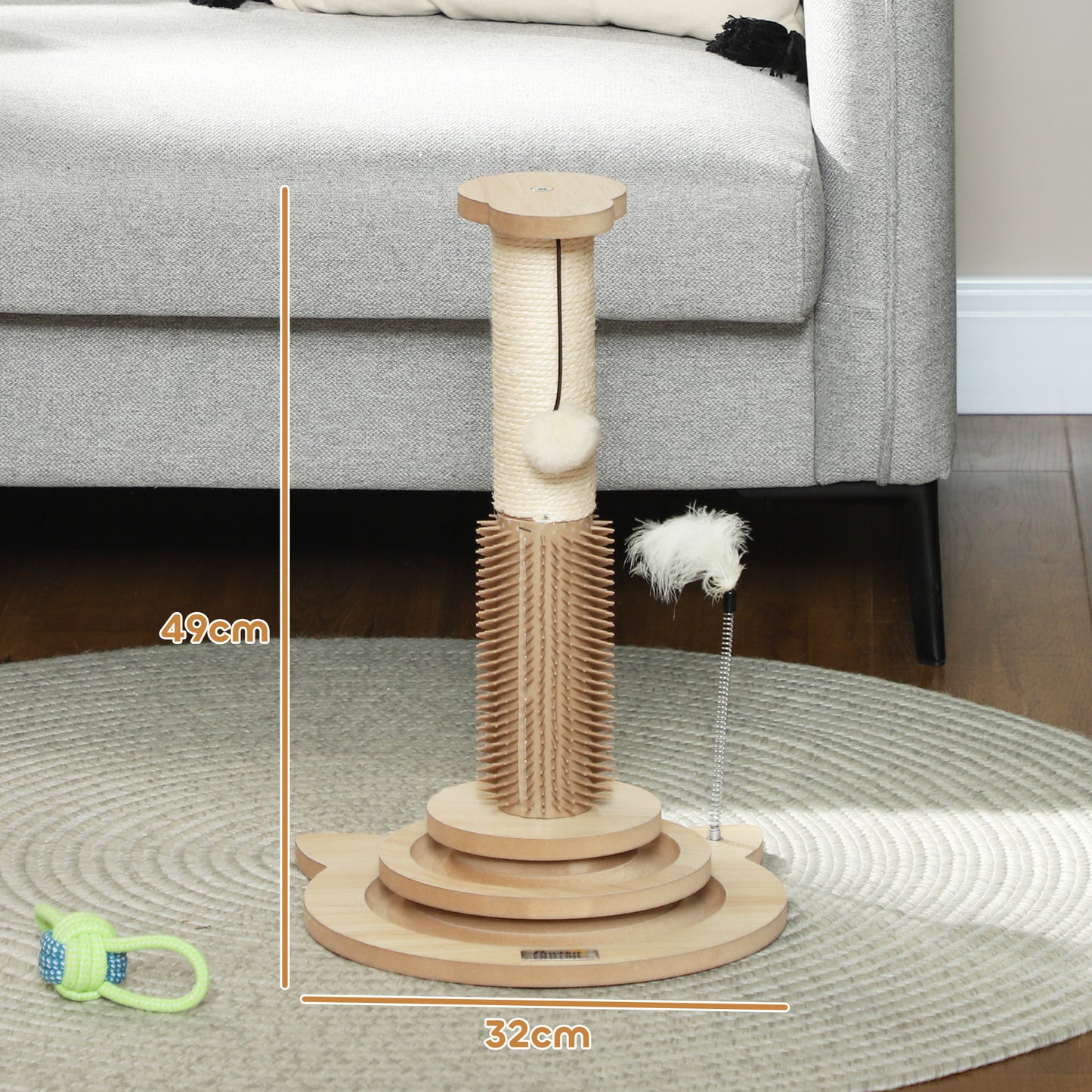 Scratching Post, 5 in 1 Cat Post with Sisal Post, Track Ball Toy, Self Grooming Brush, Hanging Toy Ball, Feather, Oak