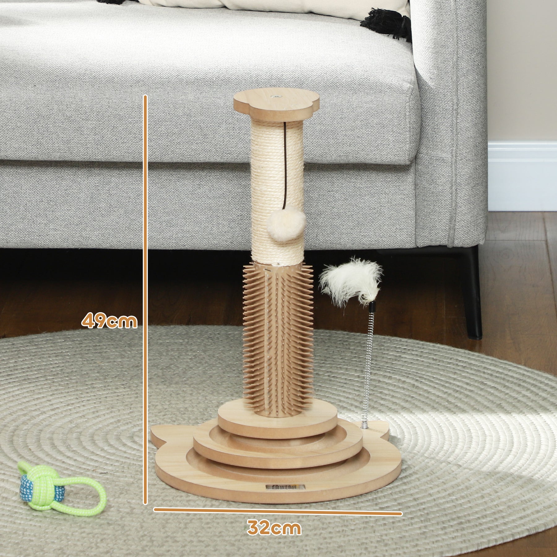 Scratching Post, 5 in 1 Cat Post with Sisal Post, Track Ball Toy, Self Grooming Brush, Hanging Toy Ball, Feather, Oak