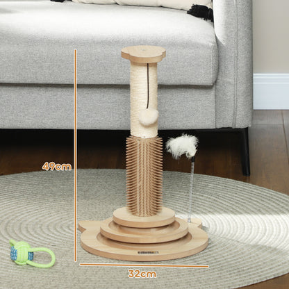 Scratching Post, 5 in 1 Cat Post with Sisal Post, Track Ball Toy, Self Grooming Brush, Hanging Toy Ball, Feather, Oak