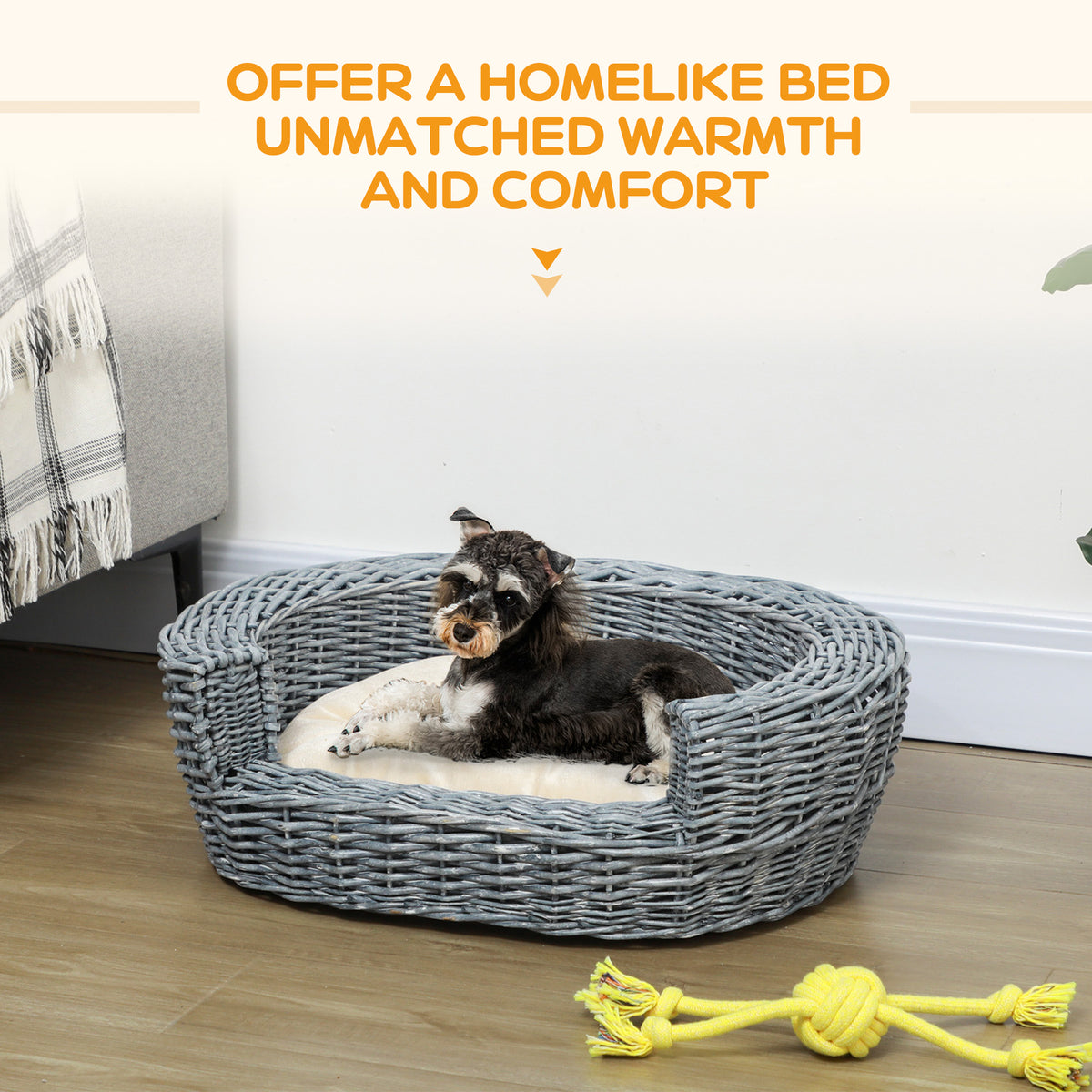 PawHut Wicker Pet Bed Willow Dog Cat Sofa Puppy Basket with Cushion Grey 57L x 46W x 17.5H cm PawHut