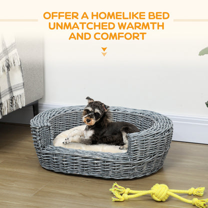 PawHut Wicker Pet Bed Willow Dog Cat Sofa Puppy Basket with Cushion Grey 57L x 46W x 17.5H cm PawHut