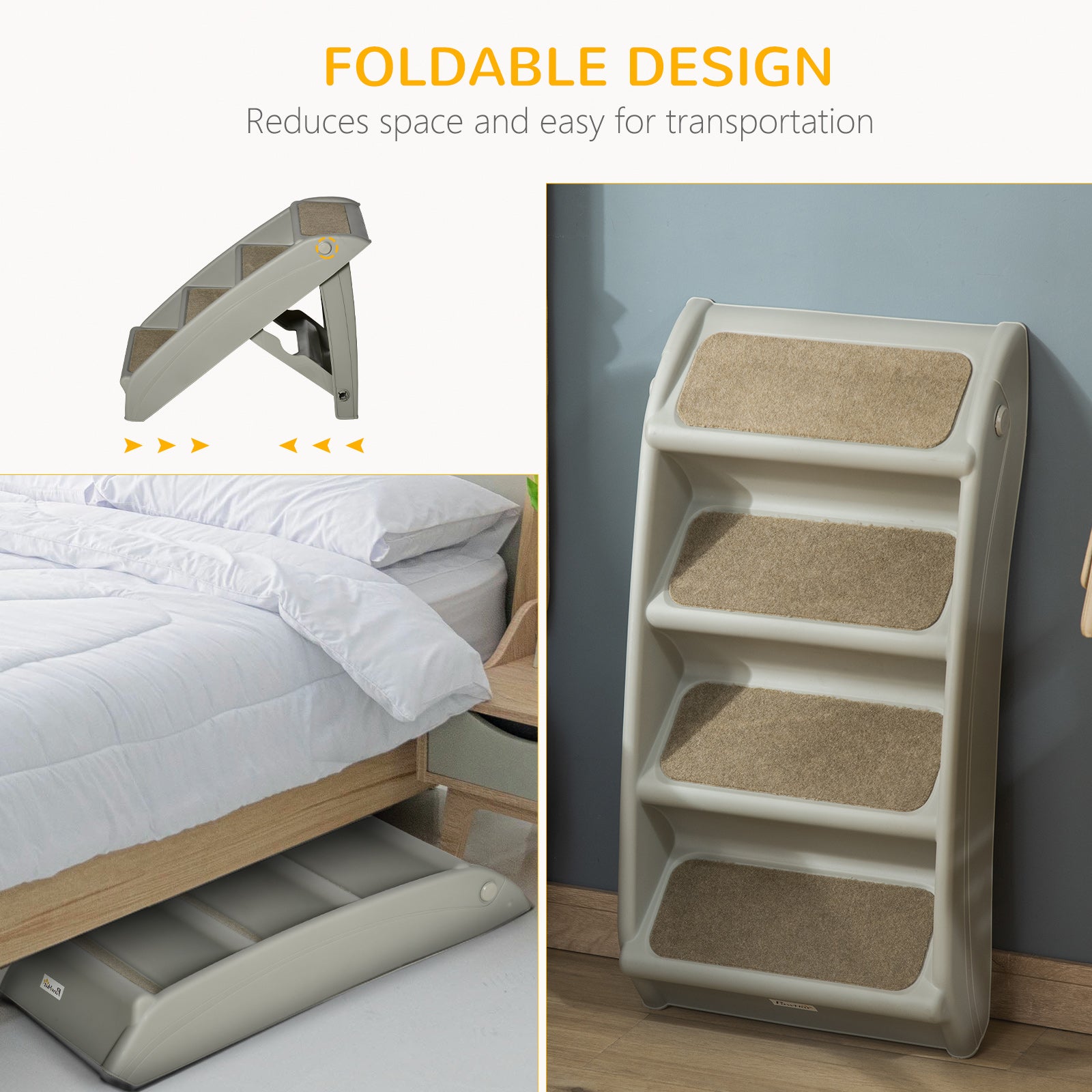 Foldable Pet Stairs, 4-Step for Cats Small Dogs with Non-slip Mats, Grey