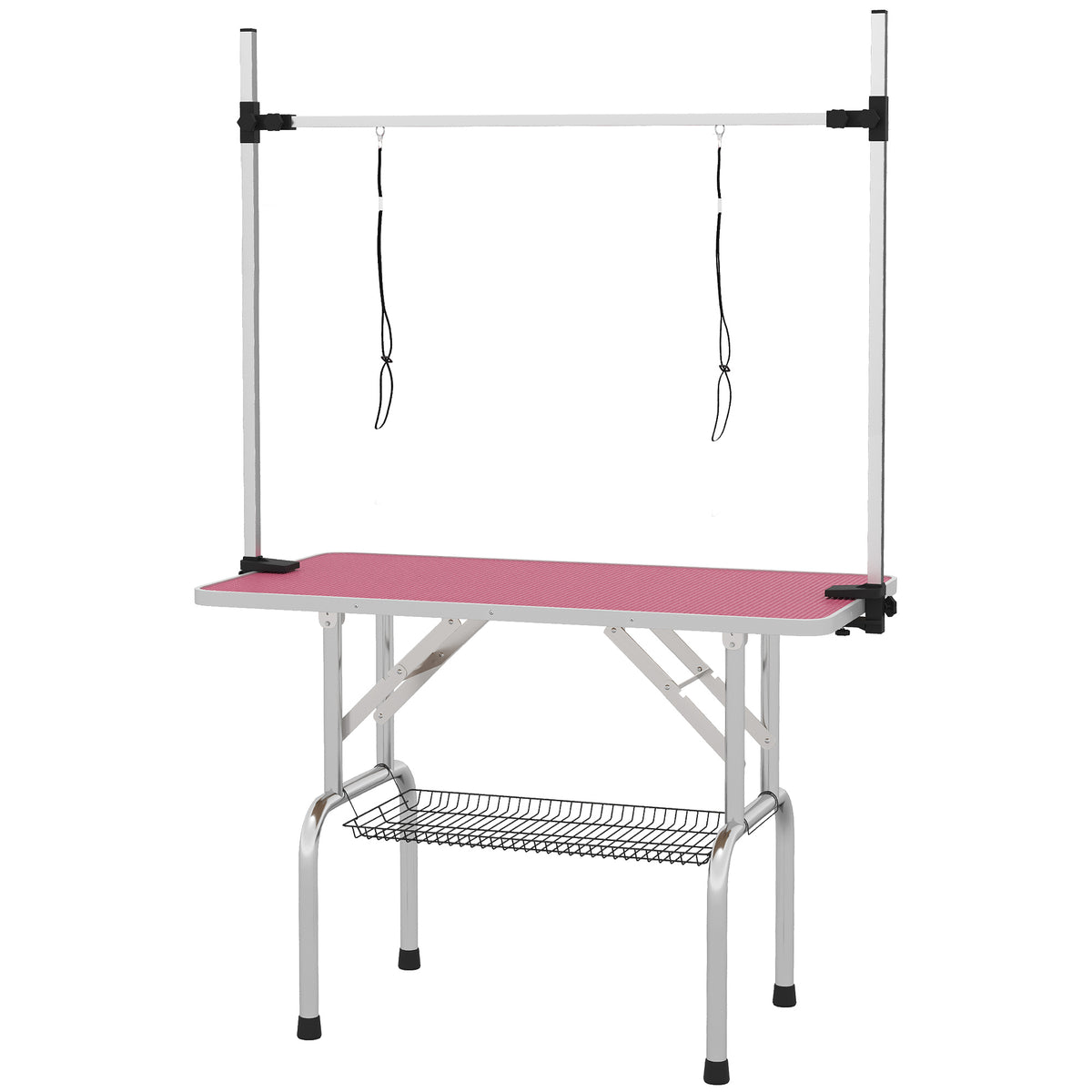 PawHut 42" Dog Grooming Table, Adjustable Pet Cat Drying Beauty Table with 2 Loops Storage Basket, Rubber Top, Pink PawHut Default Title
