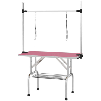 PawHut 42" Dog Grooming Table, Adjustable Pet Cat Drying Beauty Table with 2 Loops Storage Basket, Rubber Top, Pink PawHut Default Title