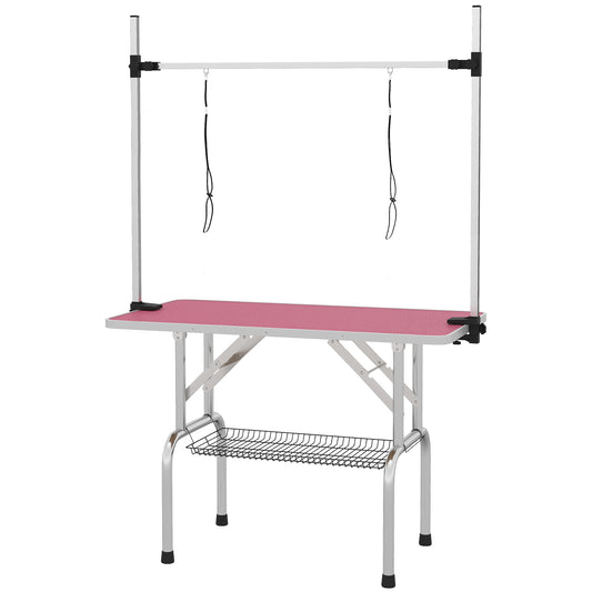 PawHut 42" Dog Grooming Table, Adjustable Pet Cat Drying Beauty Table with 2 Loops Storage Basket, Rubber Top, Pink PawHut Default Title