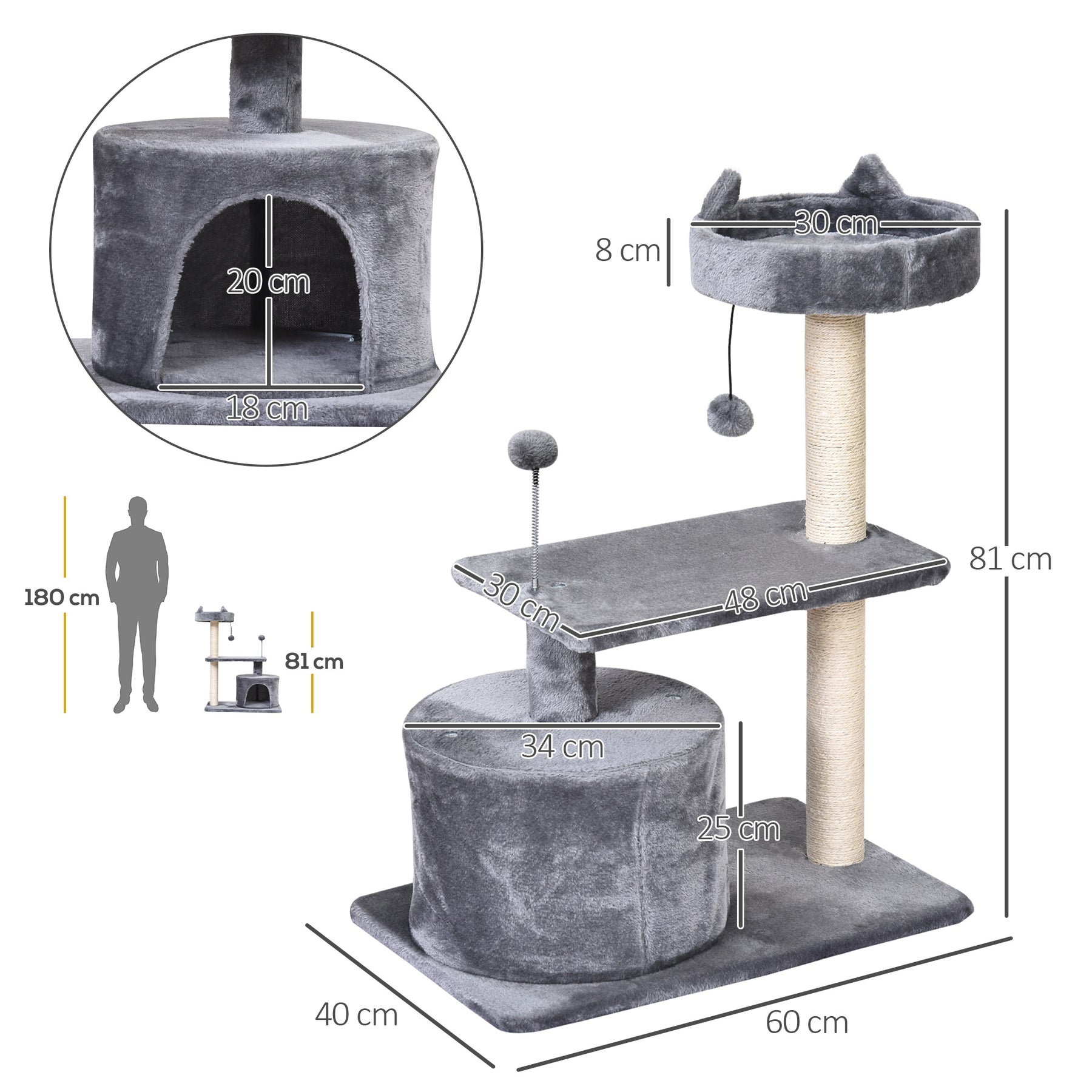 3-Tier Cat Scratching Post with Sisal Rope & Play Toys, Durable Activity Centre for Cats, Grey