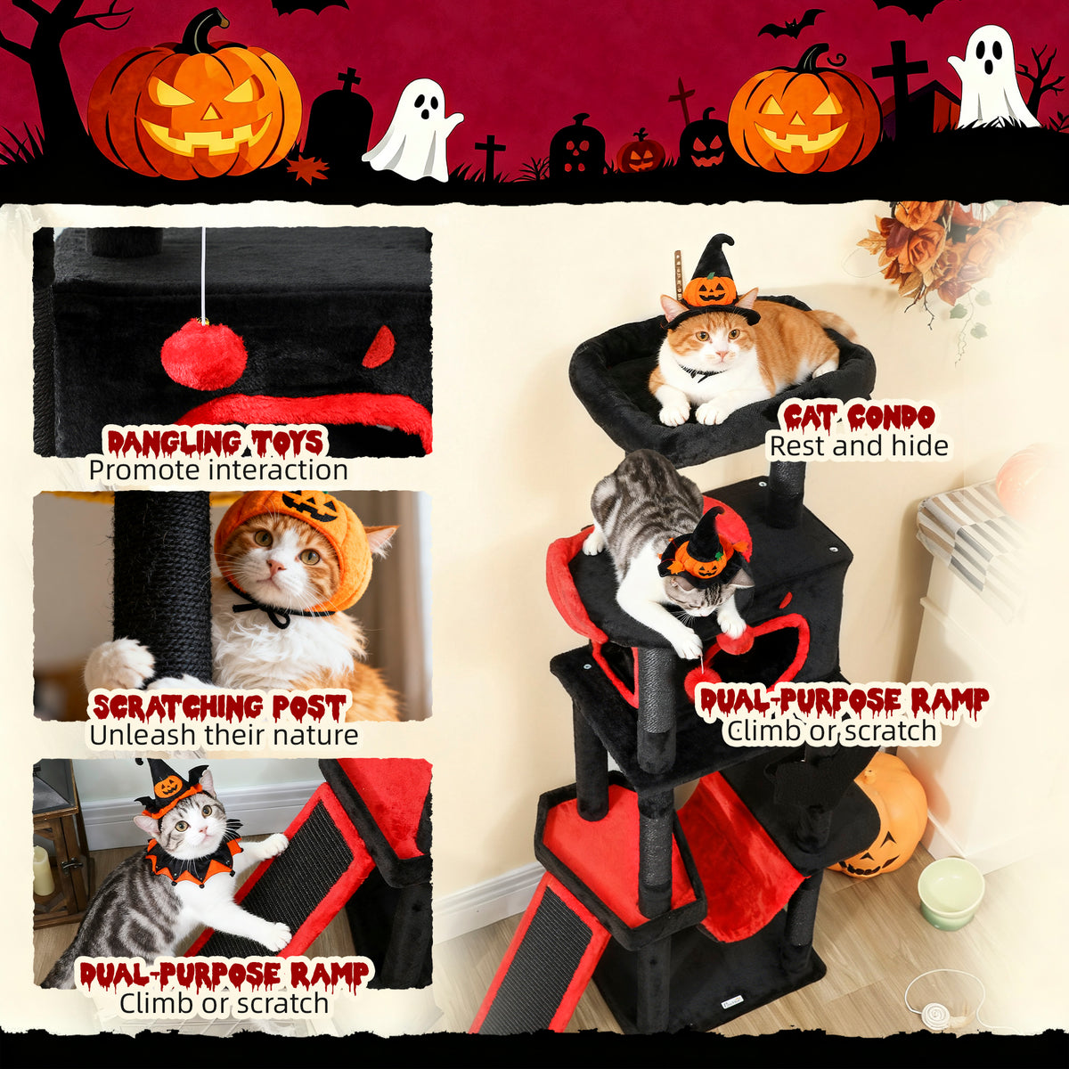 PawHut Gothic Cat Tree, 152 cm Multi-Level Cat Tower for Large Cats with Coffin Bed, Large Condo, for Halloween PawHut