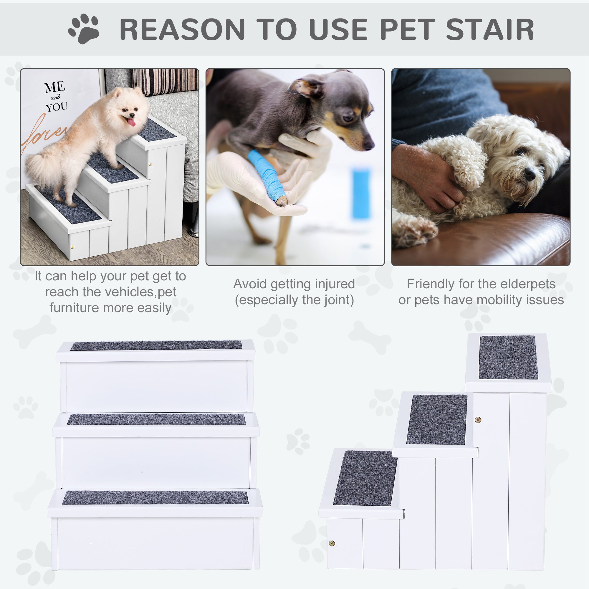 3 Step Wooden Pet Stairs, Carpeted Ramp for Cats & Small Dogs, Non-Slip Carpet, Compact, White