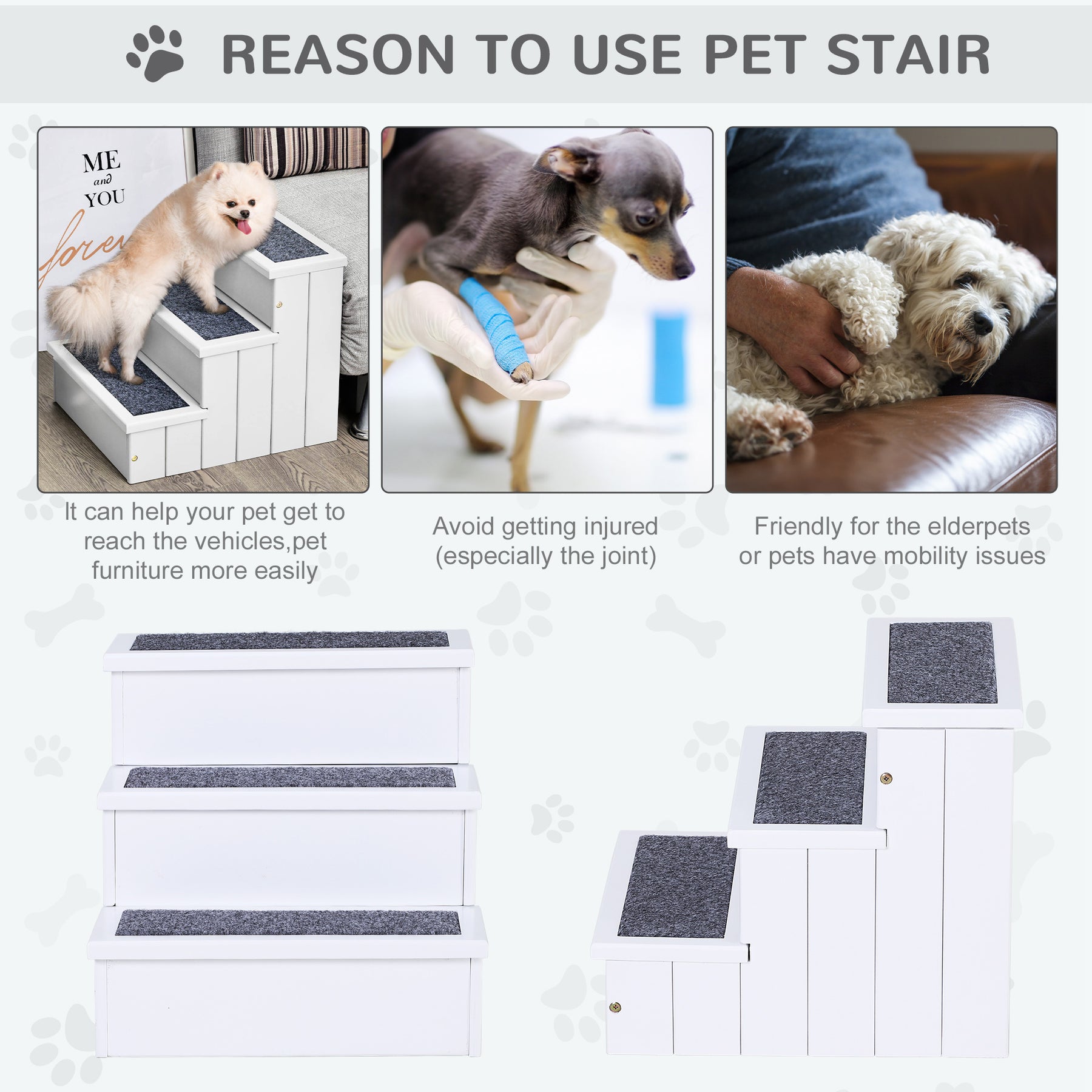 3 Step Wooden Pet Stairs, Carpeted Ramp for Cats & Small Dogs, Non-Slip Carpet, Compact, White
