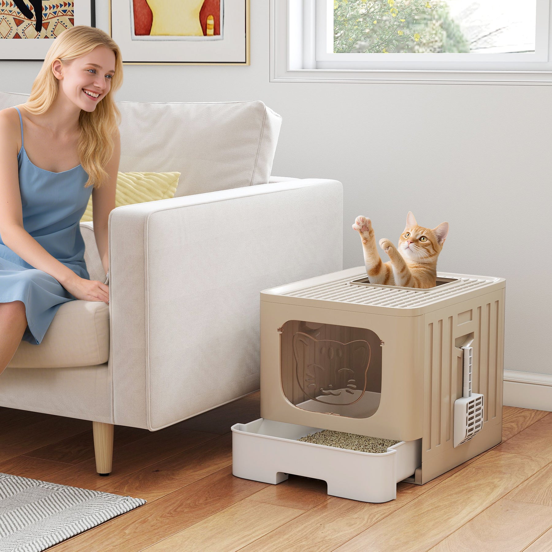 Foldable Cat Litter Box with Lid, Slide-Out Drawer, Scoop, Easy Clean, Odour Control, Anti-Splashing, Khaki