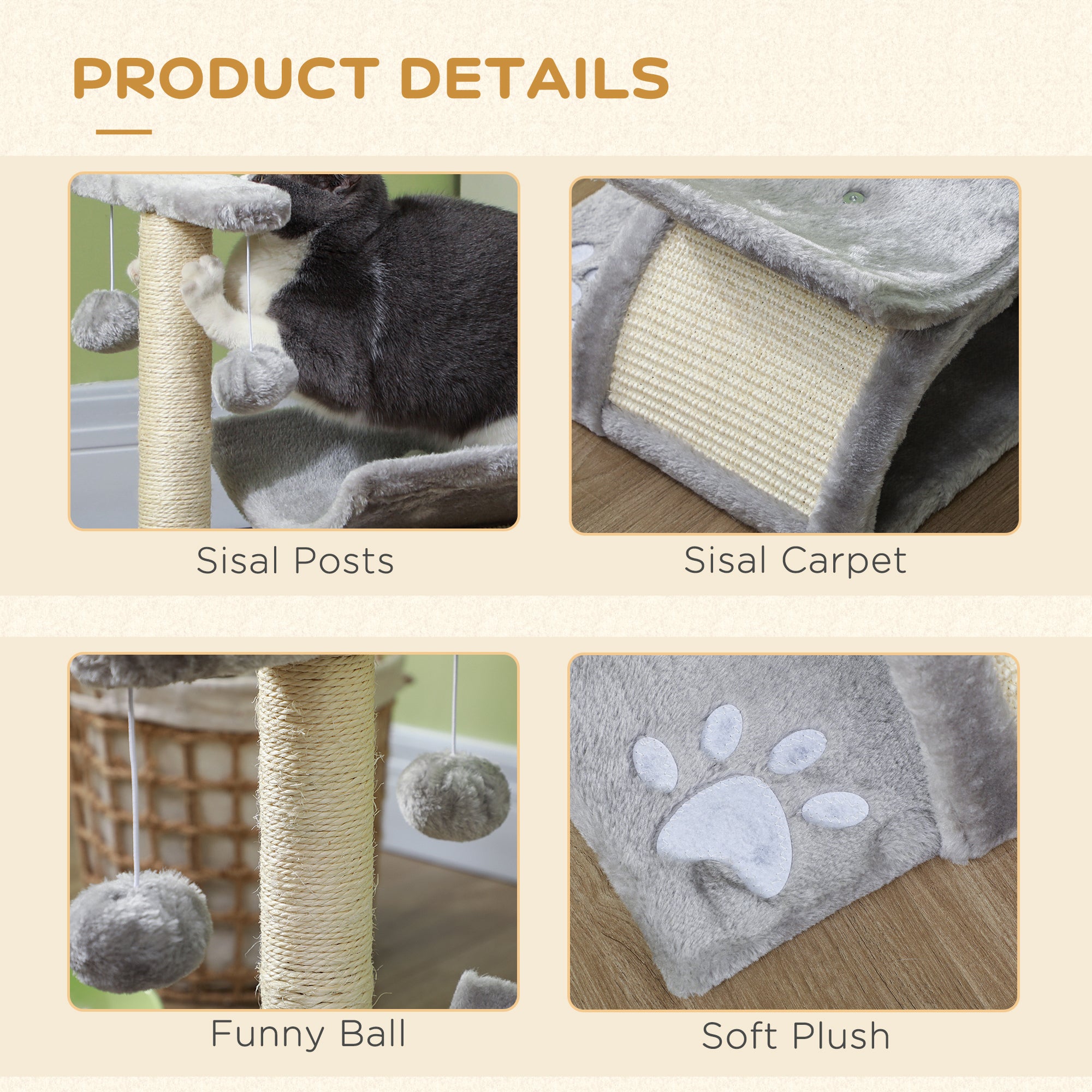 Kitten Activity Tree with Sisal Scratching Posts, Compact Cat Play Tower with Rotating Bar, Tunnel, Grey