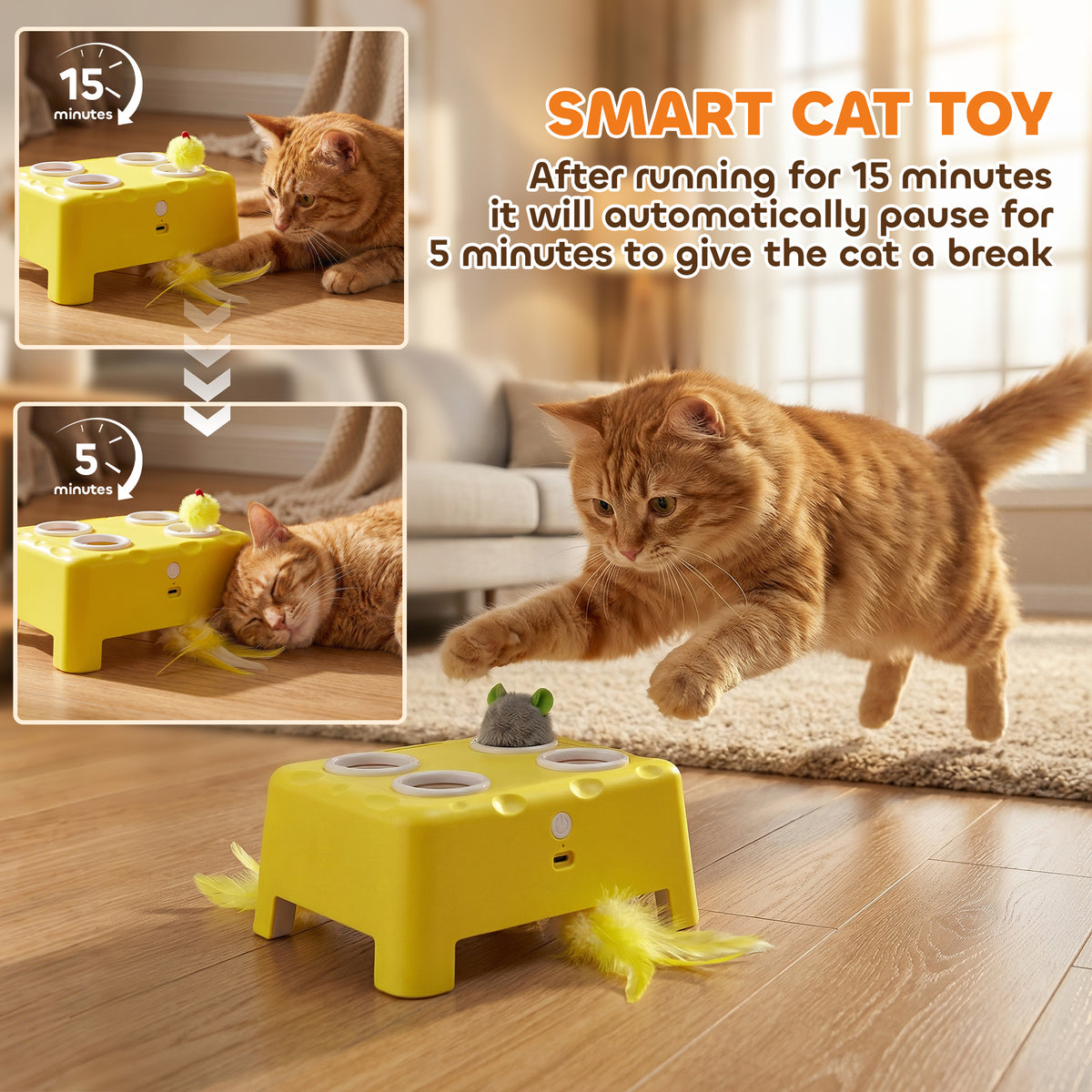 PawHut 3-in-1 Interactive Cat Toy with Popping Mouse, Spinning Feather & Automatic Play Interactive Cat Toy PawHut