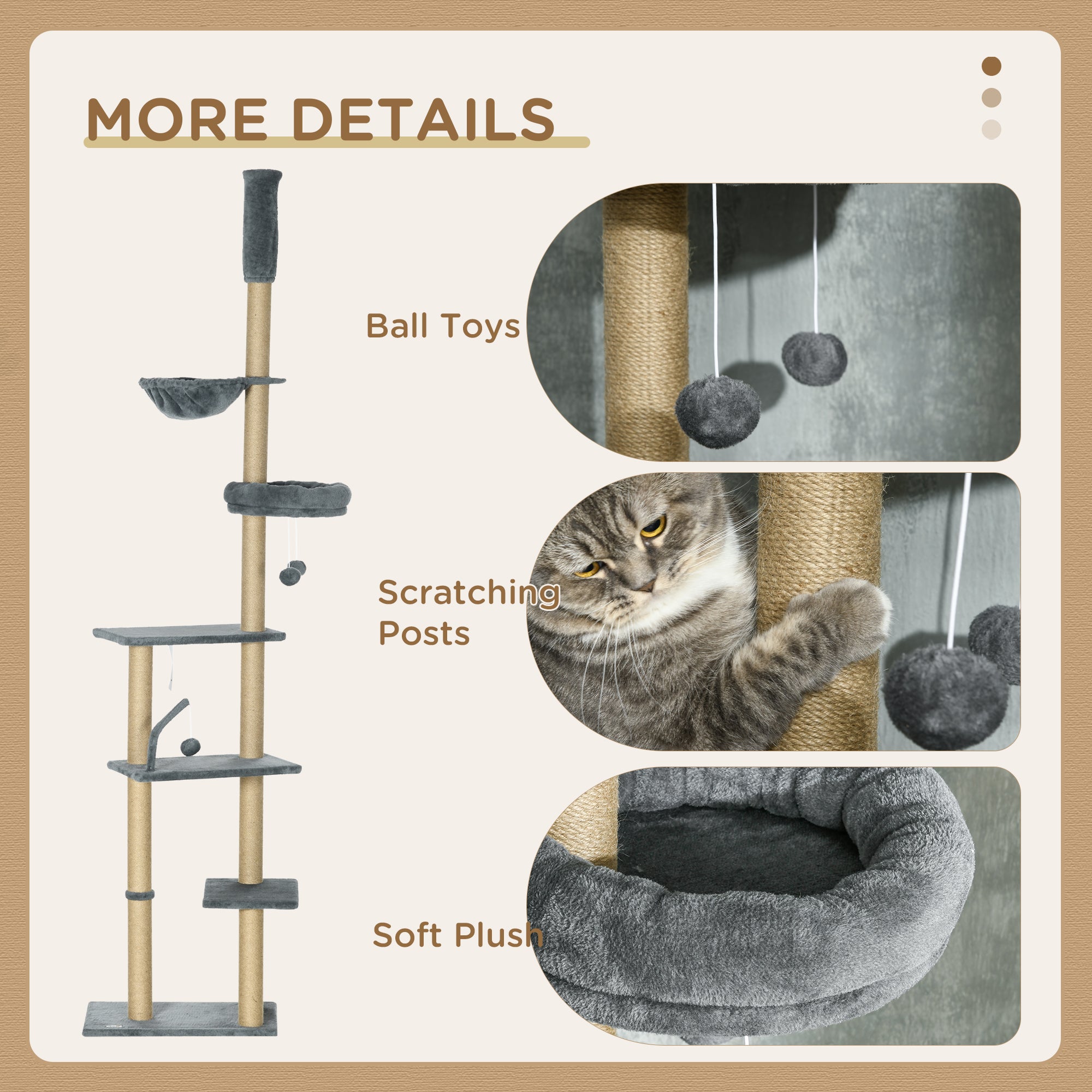 Floor to Ceiling Cat Tree, 6-Tier Climbing Activity Centre with Scratching Post, Hammock, Adjustable Height , Grey