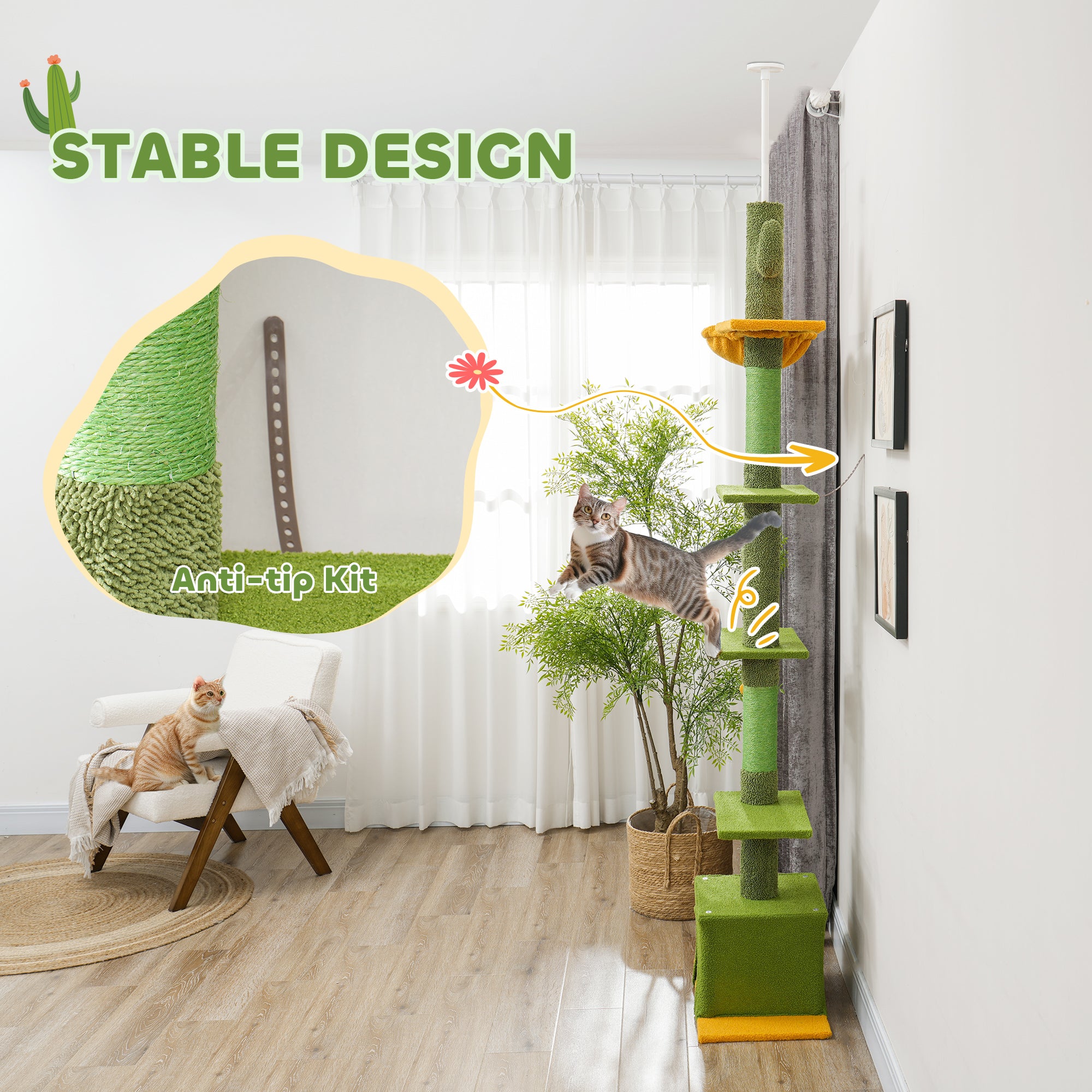 Floor-to-Ceiling Adjustable Cat Tree with Scratching Posts, Hammock