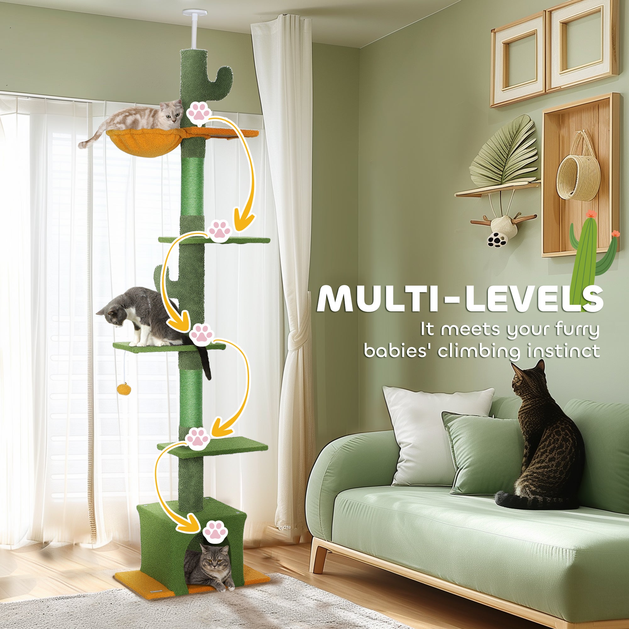 Floor-to-Ceiling Adjustable Cat Tree with Scratching Posts, Hammock