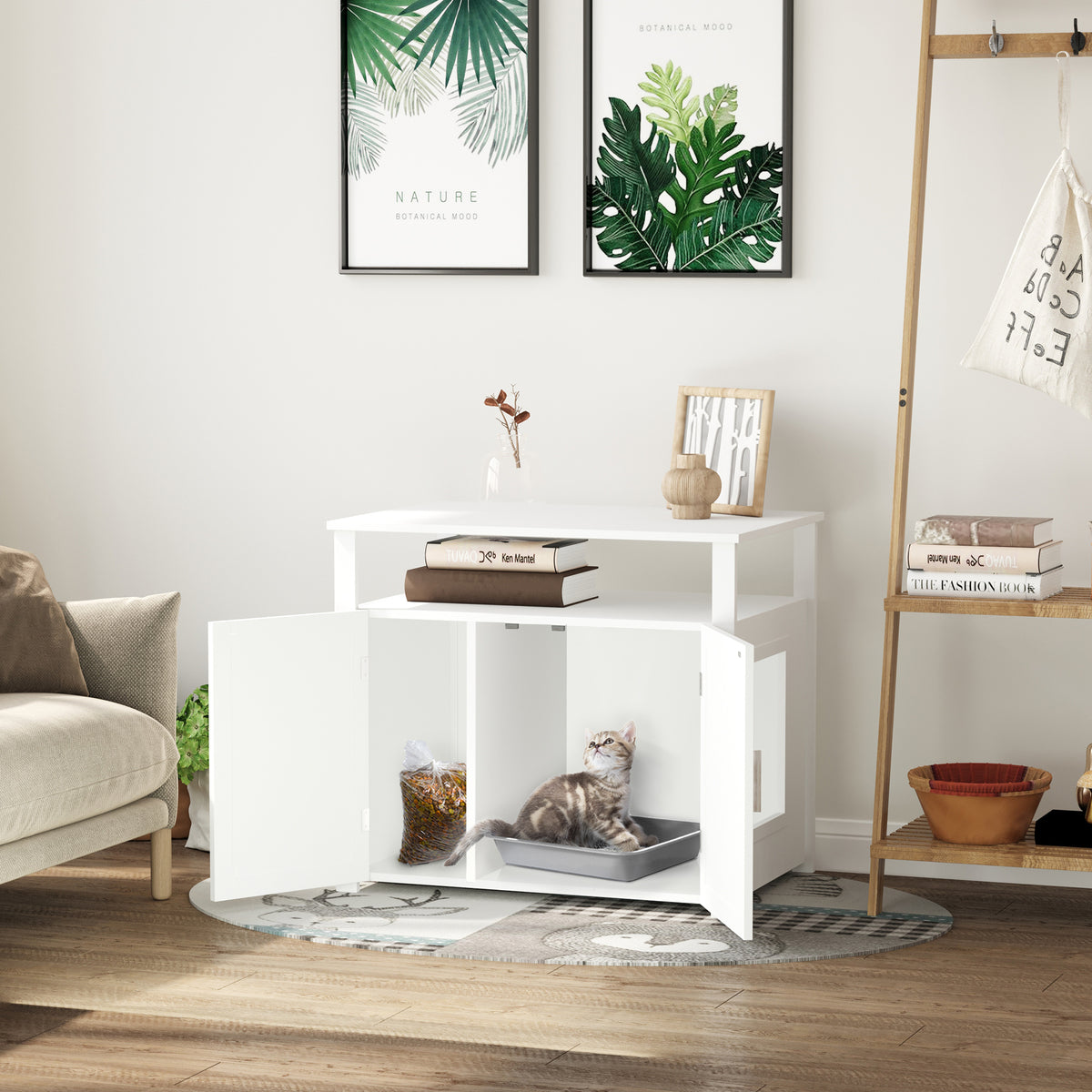 PawHut Wooden Cat Litter Box Enclosure Furniture with Adjustable Interior Wall & Large Tabletop for Nightstand, White PawHut
