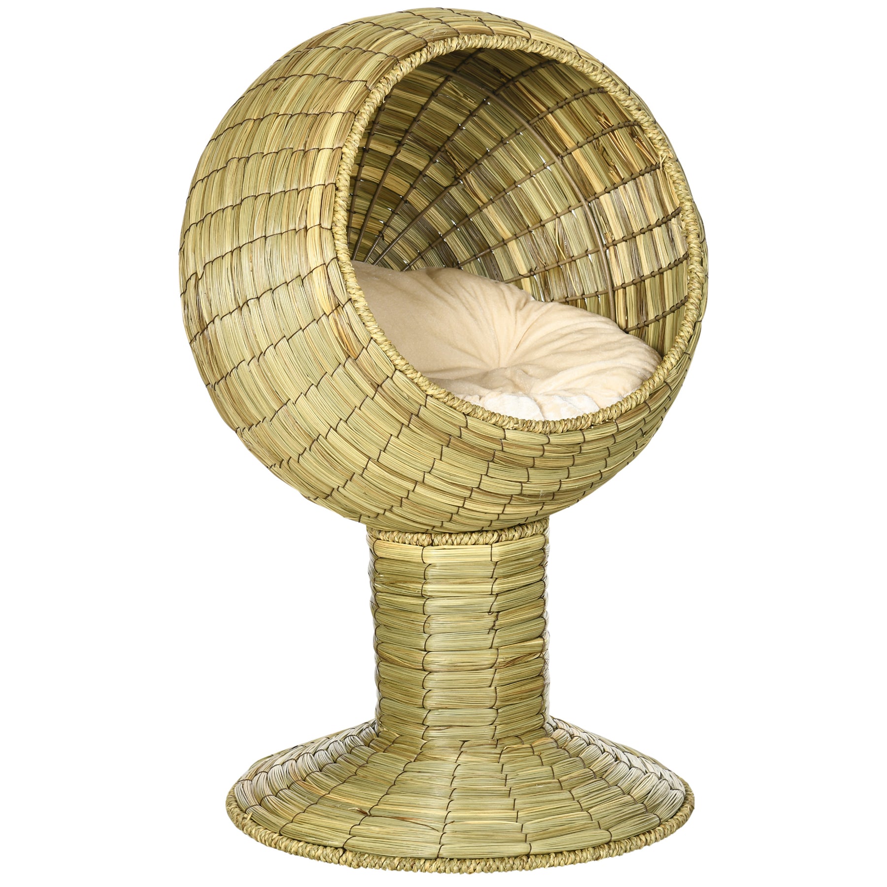 Cat House Elevated, Natural Mat Grass Bed, Round Kitten Cave with Cushion, Detachable Top, Yellow